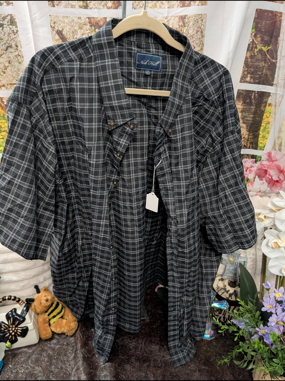 Black Plaid Short-Sleeve Button-Down Shirt